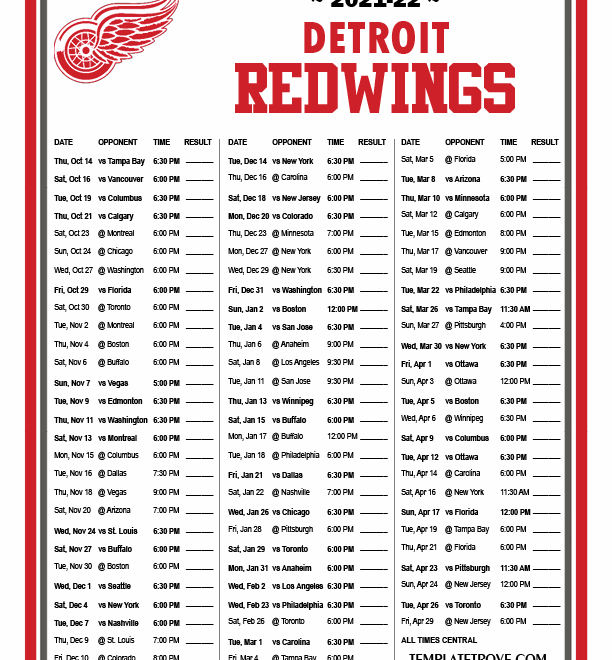 Printable 2021 2022 Detroit Red Wings Schedule