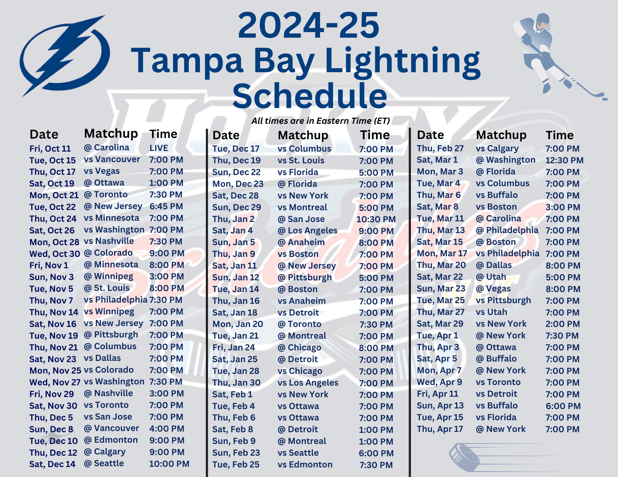Printable 2024 25 Tampa Bay Lightning Schedule Matchups And TV 