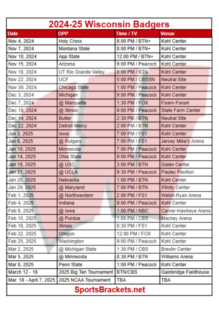 Printable 2024 25 Wisconsin Badgers Basketball Schedule TV Broadcasts 
