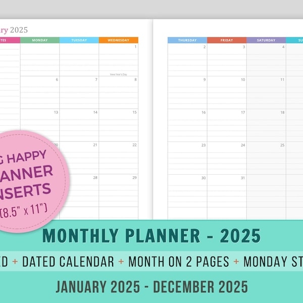 Printable 2025 Month On 2 Page Monday Start Etsy