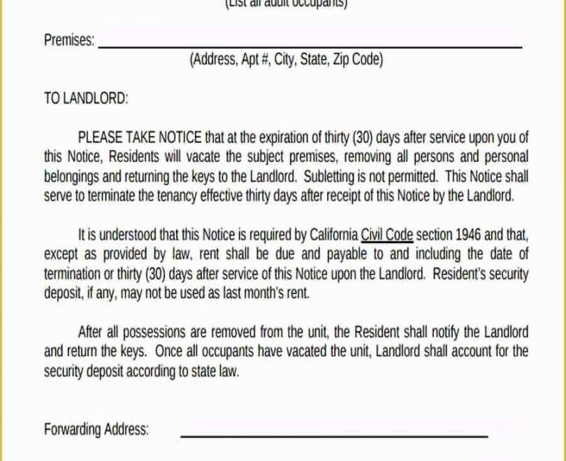 Printable 30 Day Notice To Landlord Template