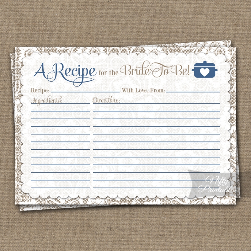 Printable Bridal Shower Recipe Cards White Lace Blue