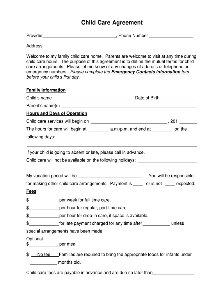 Free Printable In Home Child Care Contracts