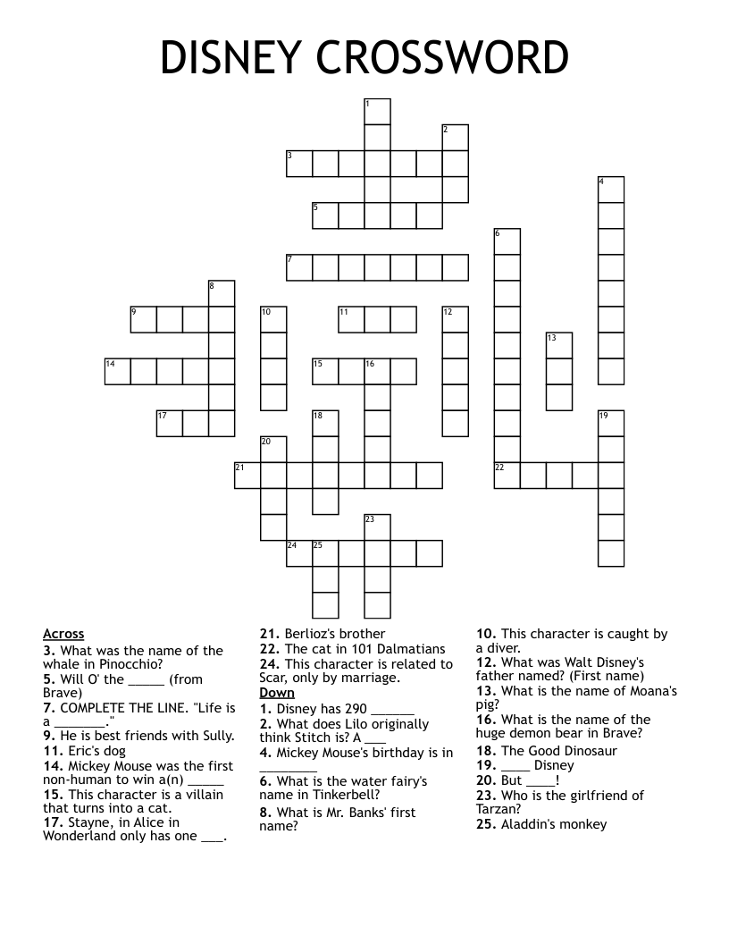 Printable Disney Crossword Puzzles Crossword Puzzles Printable