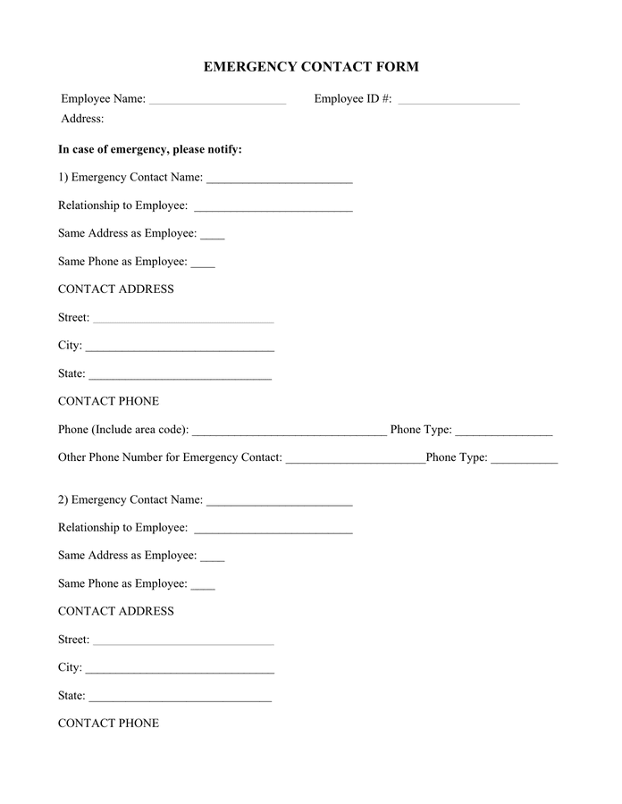 Printable Emergency Contact Form