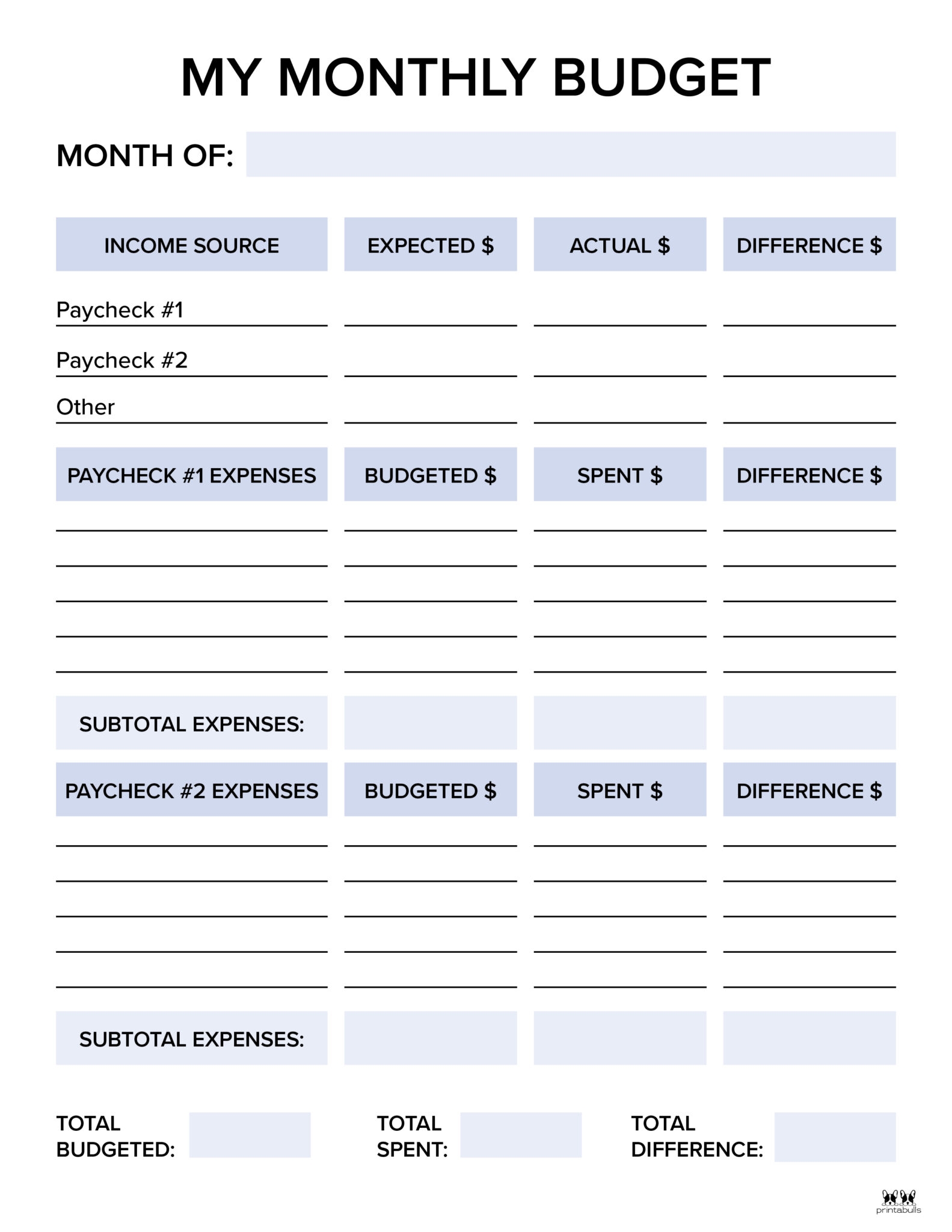 Free Printable Monthly Budget Worksheet