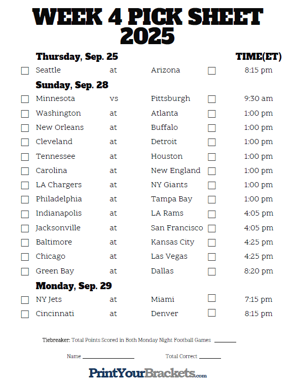Printable NFL Week 4 Schedule Pick Em Pool 2025