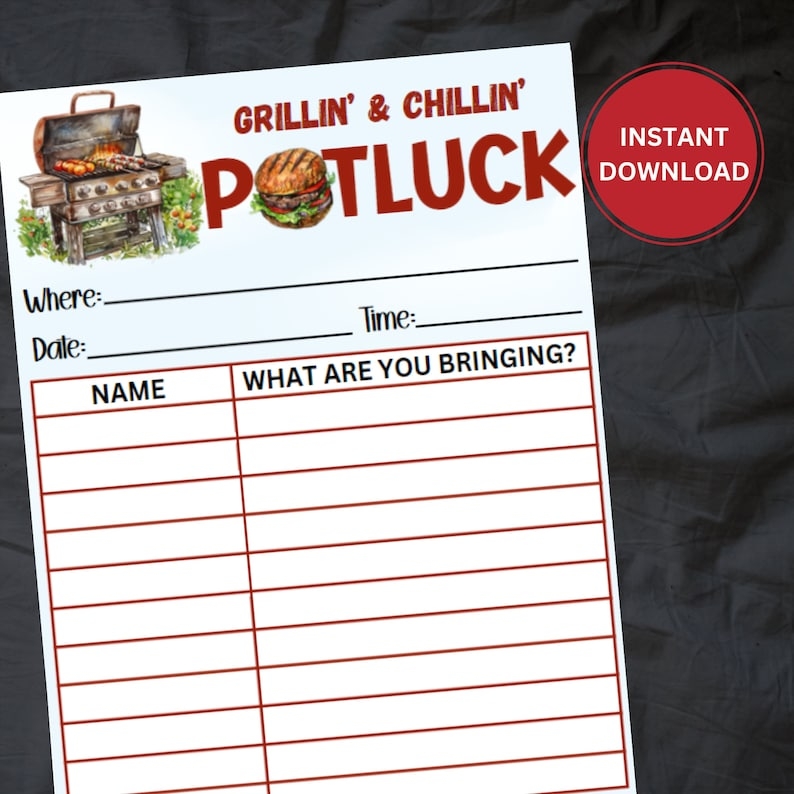 Printable Potluck Sign up Sheet Summer BBQ Party Potluck BBQ 