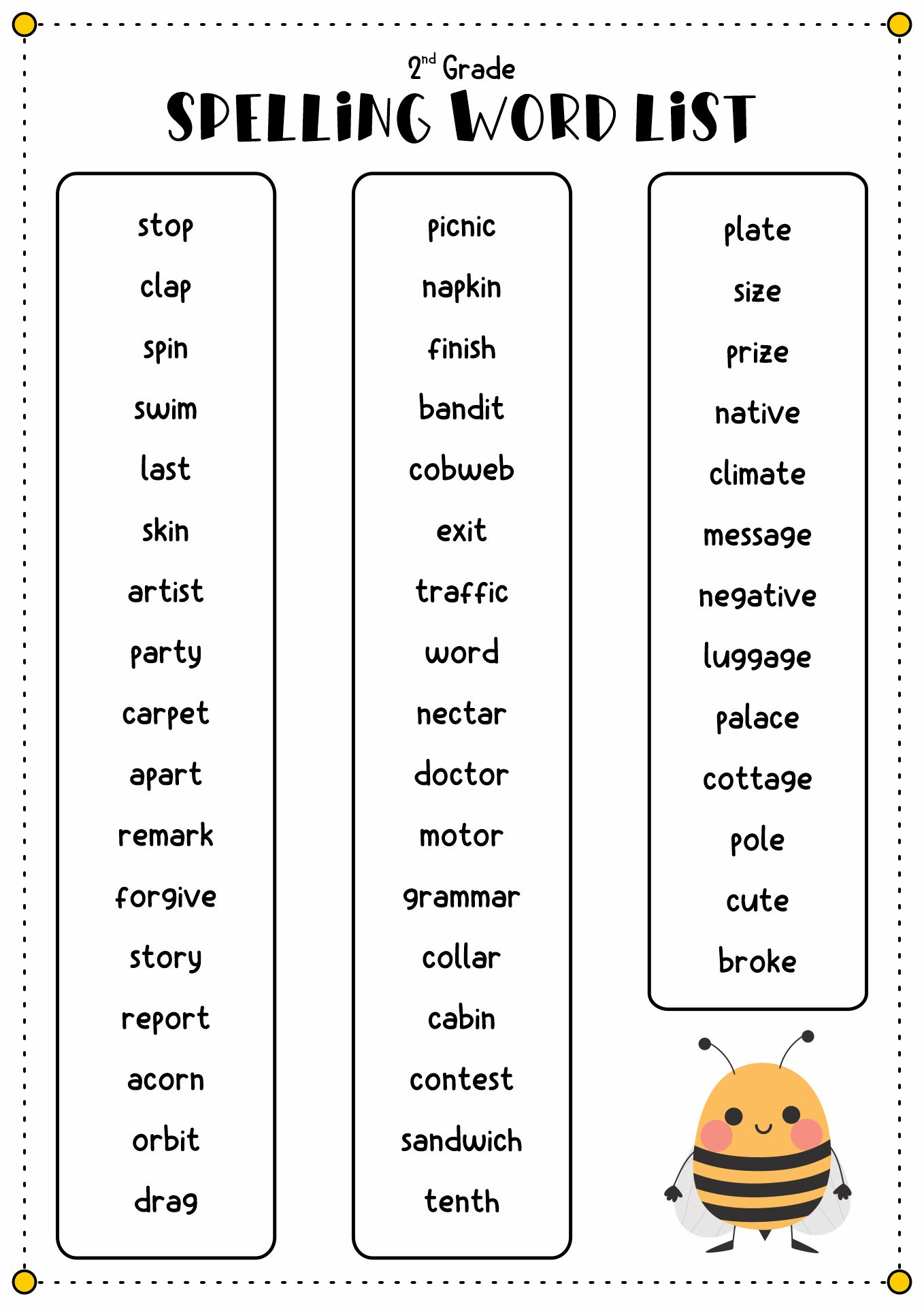 Printable Second Grade Spelling Words