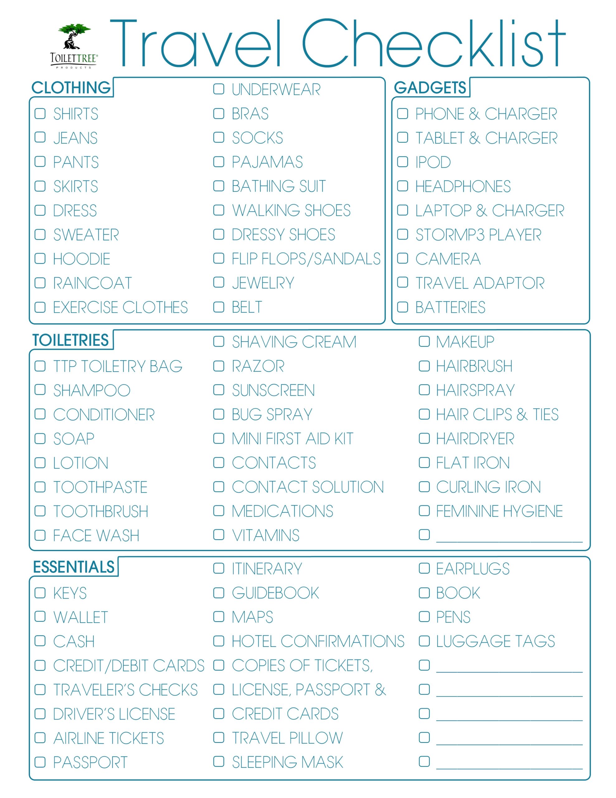 Printable Travel Checklist Room Surf