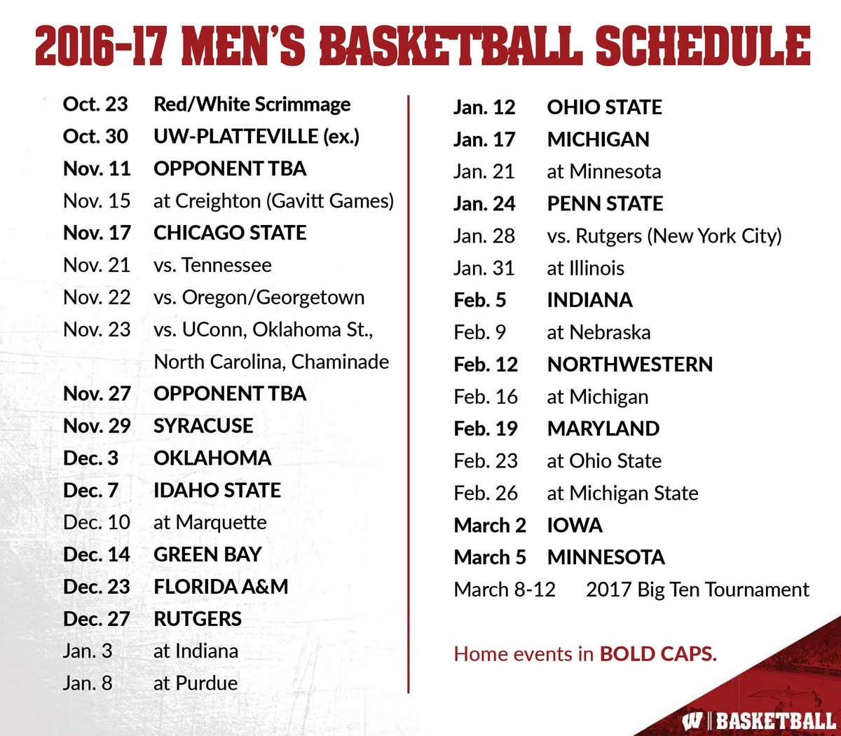Printable Wisconsin Badgers Basketball Schedule