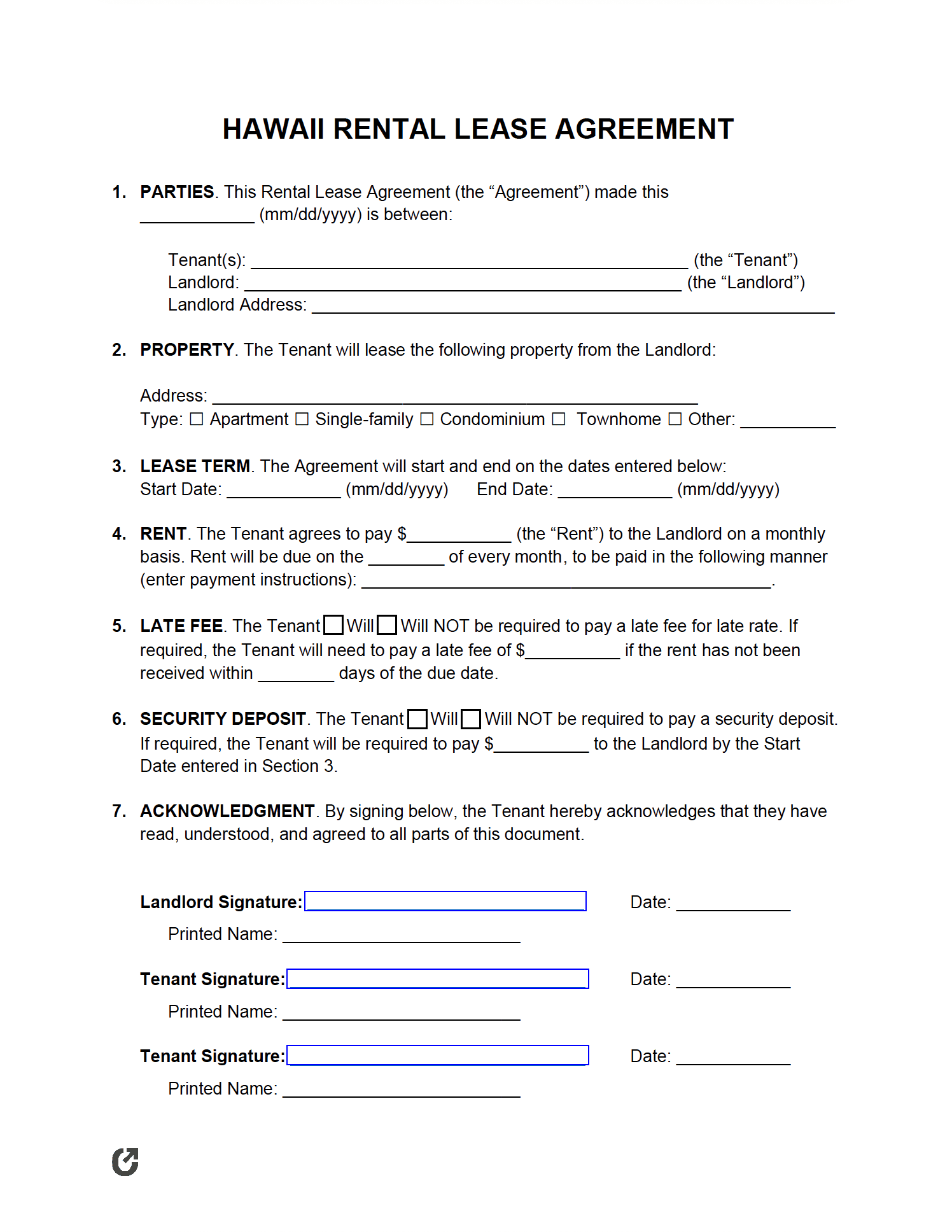 Printable Free Lease Agreement Hawaii