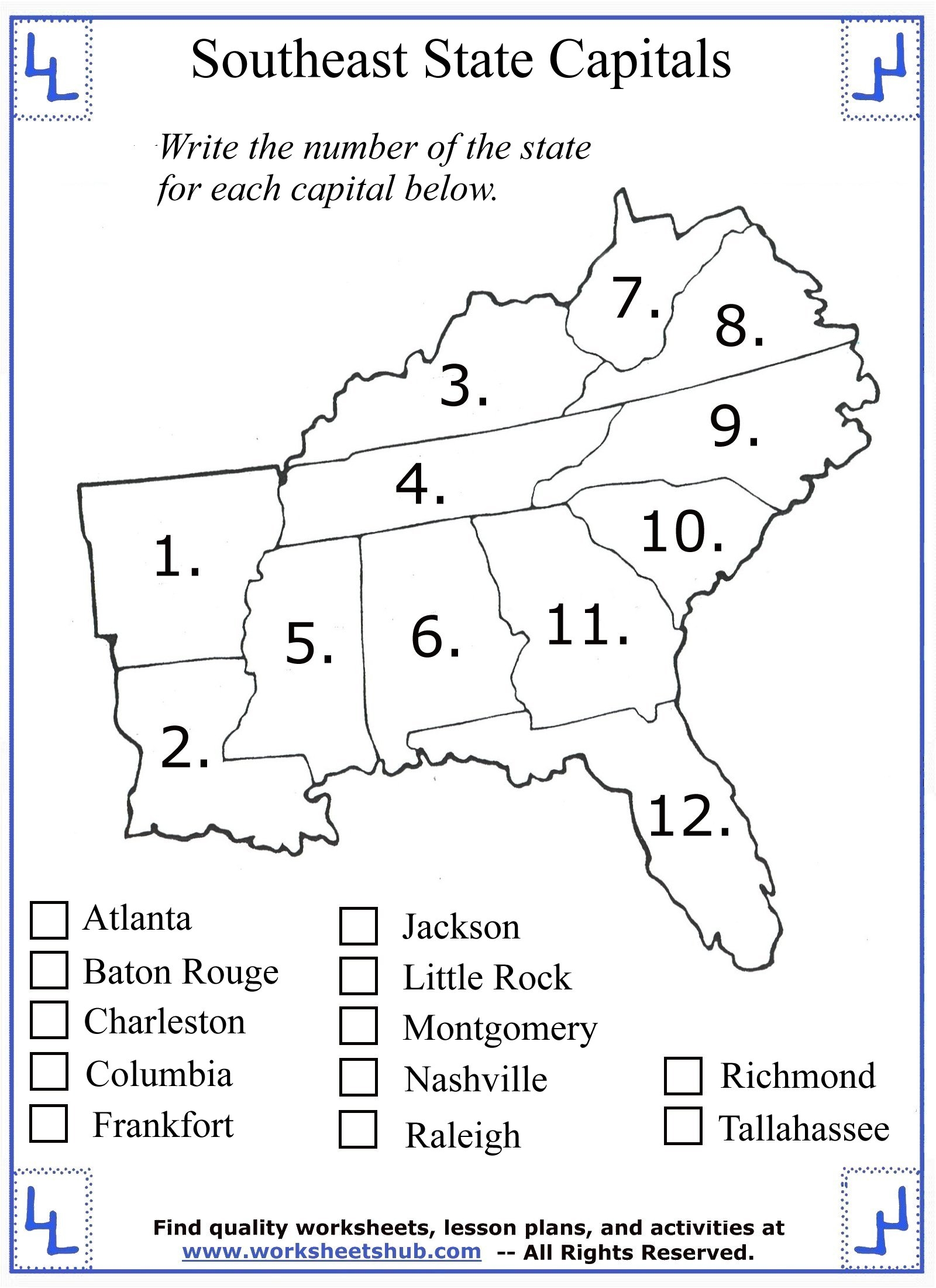 Southeast States And Capitals Quiz Printable
