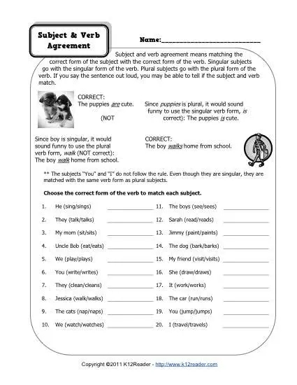 Subject Verb Agreement Printable Worksheets