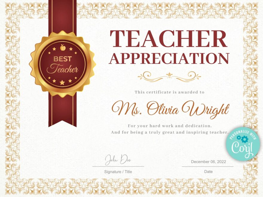 Teacher Appreciation Award Certificate Template Teacher Gift Award