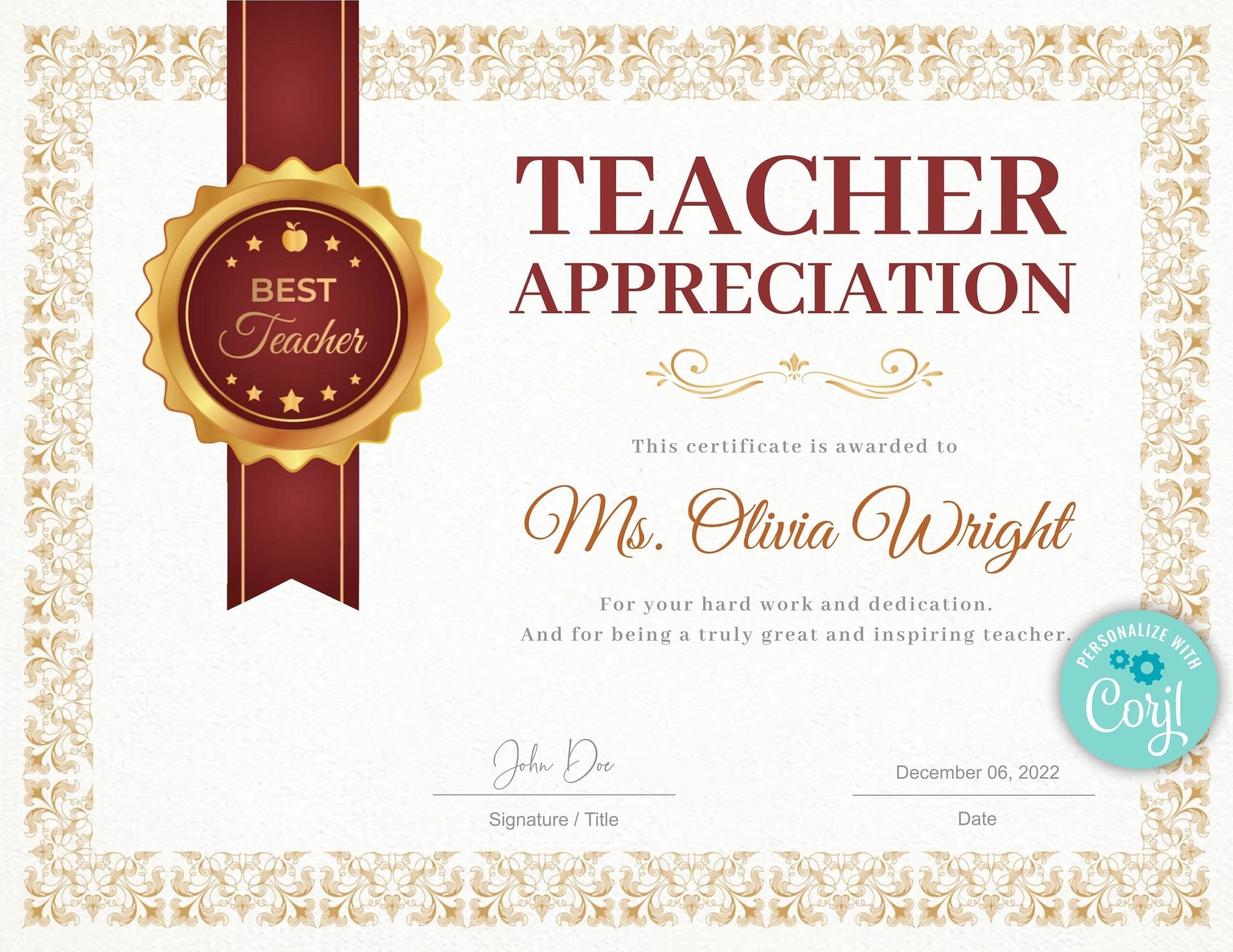 Teacher Appreciation Award Certificate Template Teacher Gift Award 
