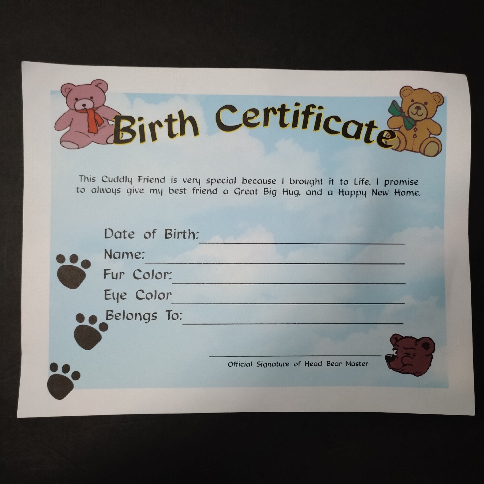 Teddy Bear Birth Certificate Template