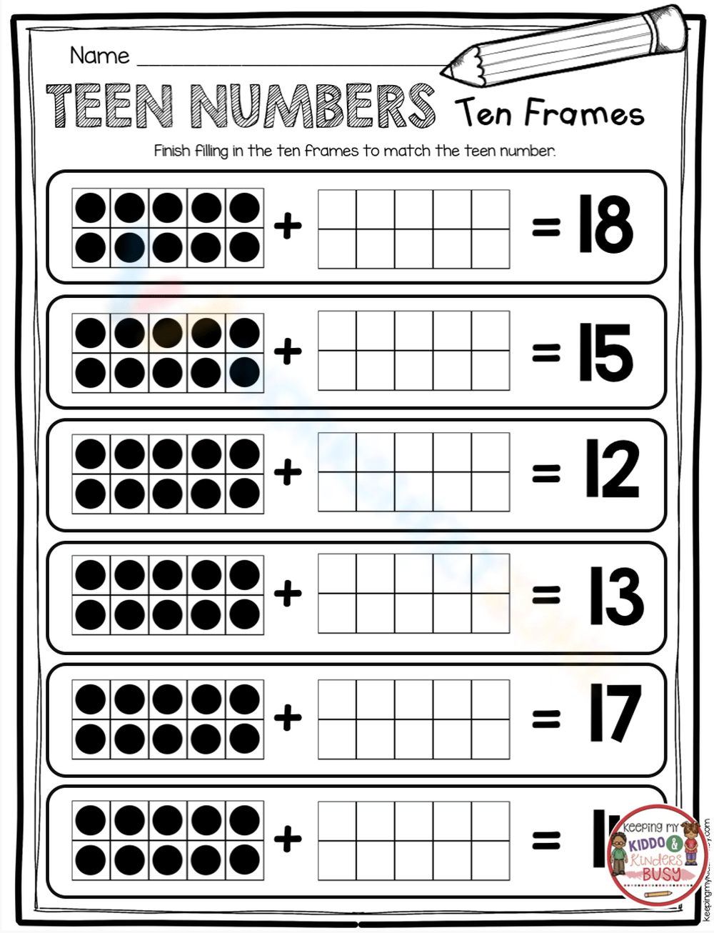 Teen Number Ten Frames Worksheet