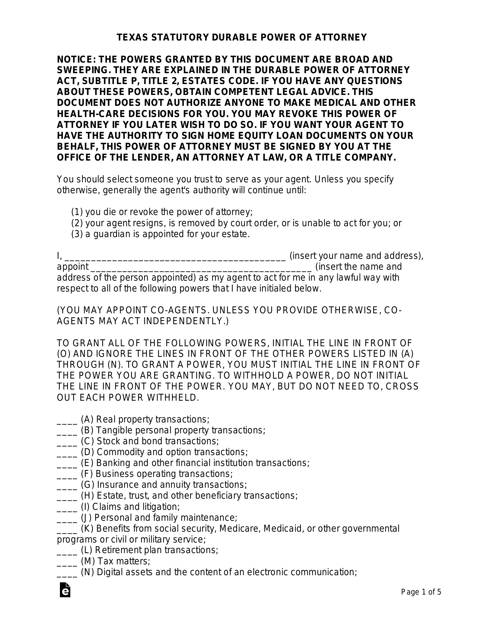 Printable Durable Power Of Attorney Form For Texas