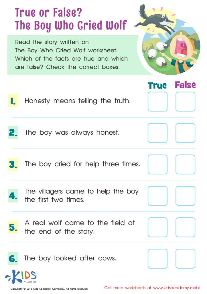 True Or False The Boy Who Cried Wolf Worksheet Free Printout For Kids