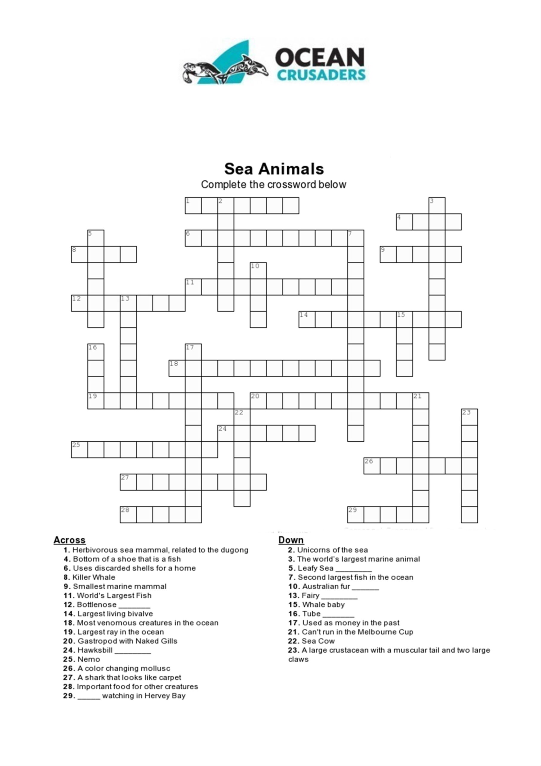 Under The Sea Crossword Puzzles Free Printables