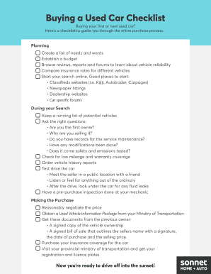 Used Car Buying Checklist Printable Template