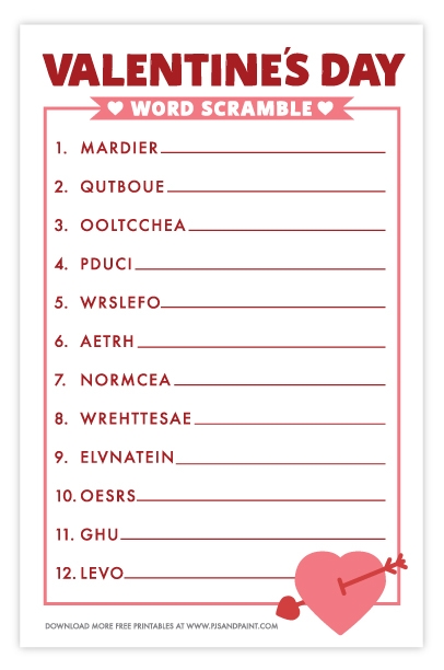 Free Printable Valentines Day Word Scramble
