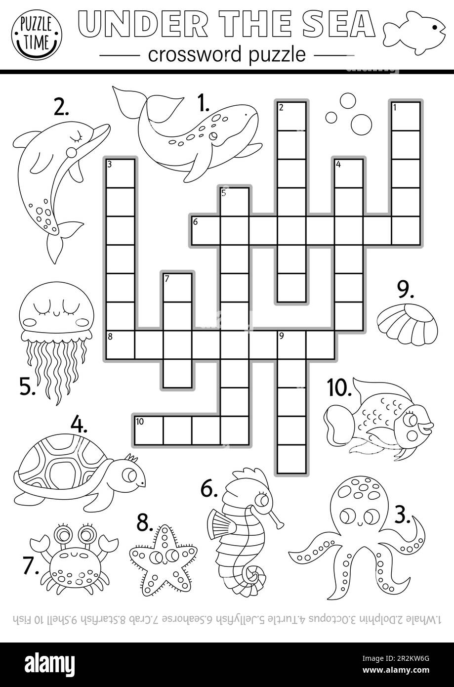 Vector Black And White Under The Sea Crossword Puzzle For Kids Simple 