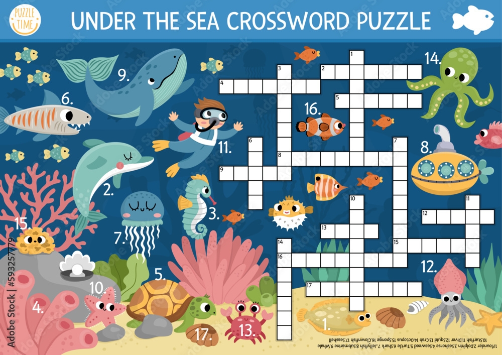 Vector Under The Sea Crossword Puzzle For Kids Simple Ocean Life Quiz 