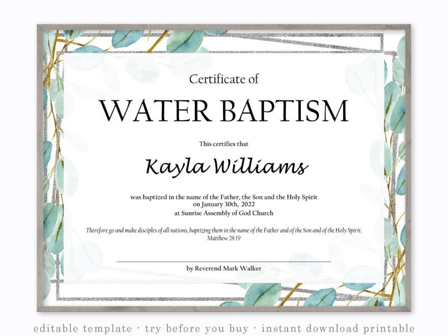 Water Baptism Printable Certificate Editable Template Etsy