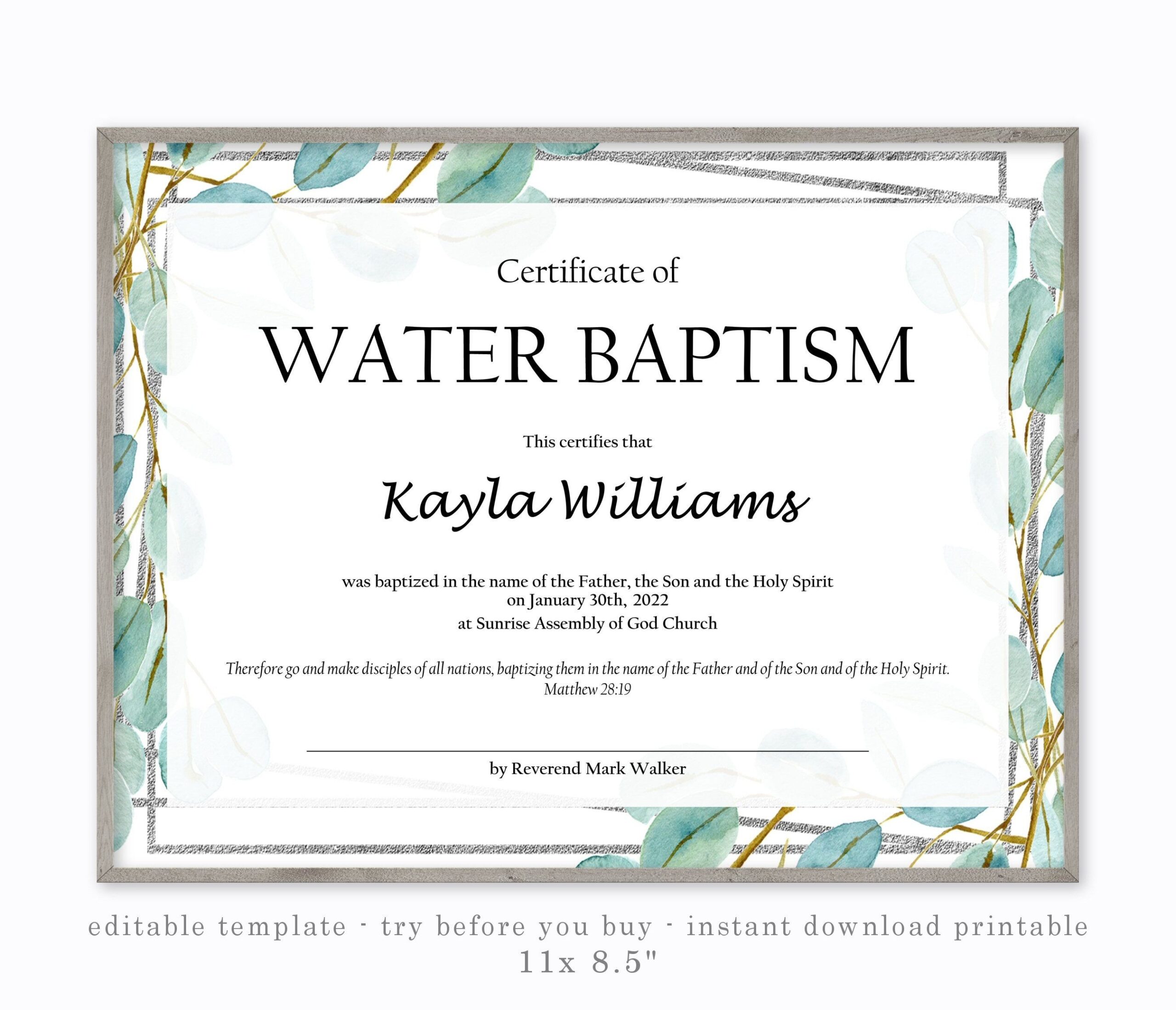 Water Baptism Printable Certificate Editable Template Etsy 