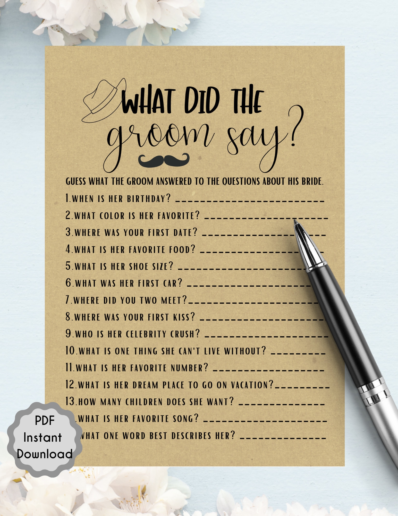 What Did The Groom Say Bridal Shower Game Printable Instant Download 