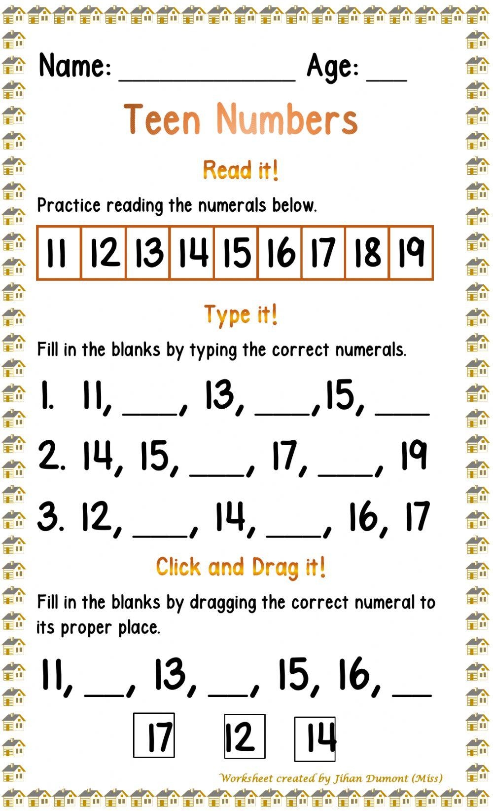 Teen Numbers Printable Worksheets