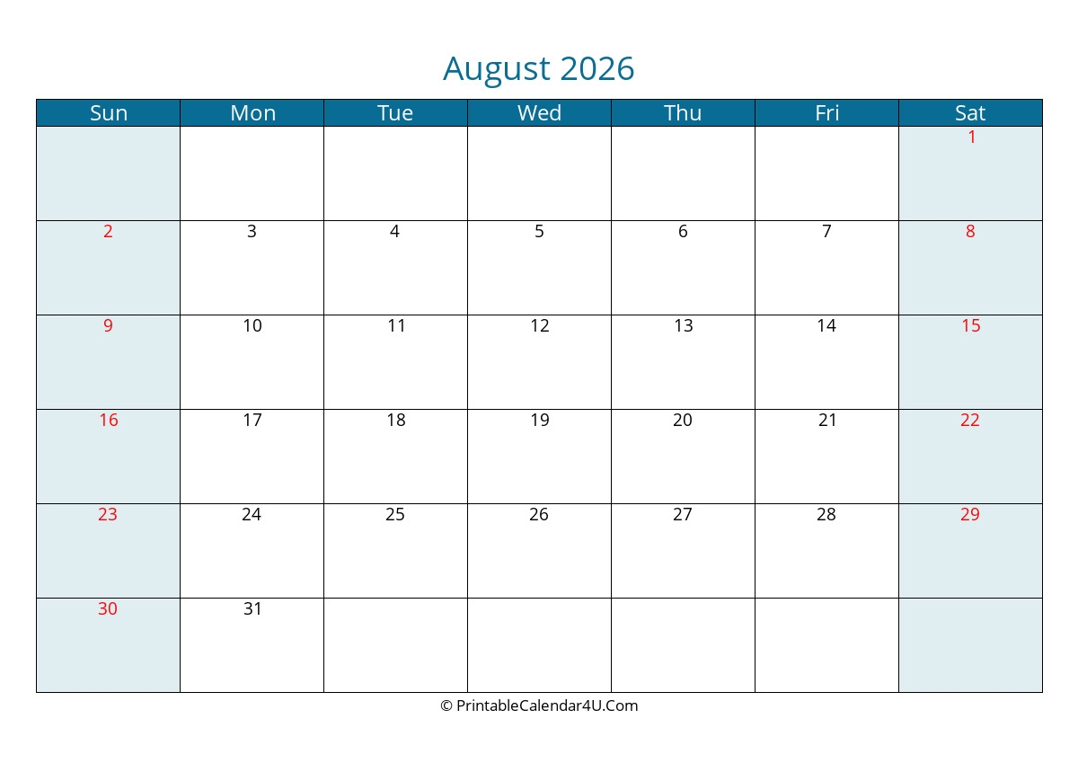 2026 August Calendars PrintableCalendar4U Com