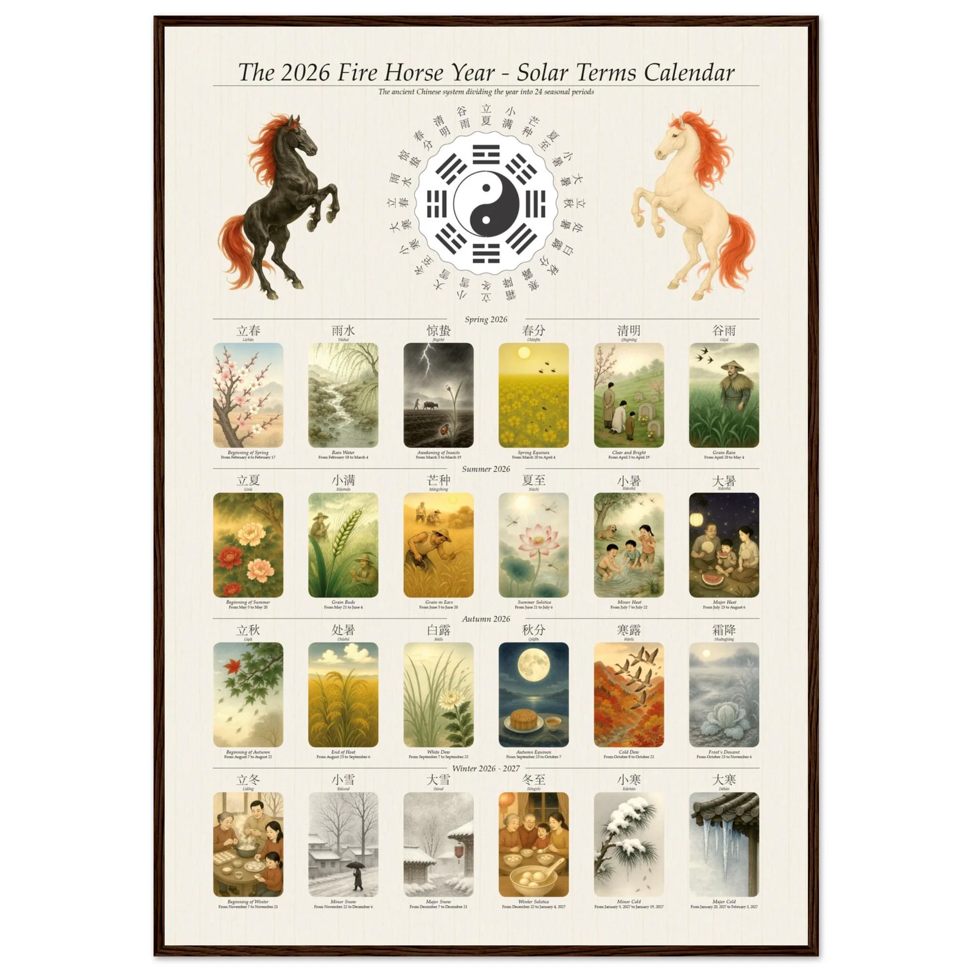 2026 Fire Horse Year Calendar Poster Chinese Solar Terms Framed 
