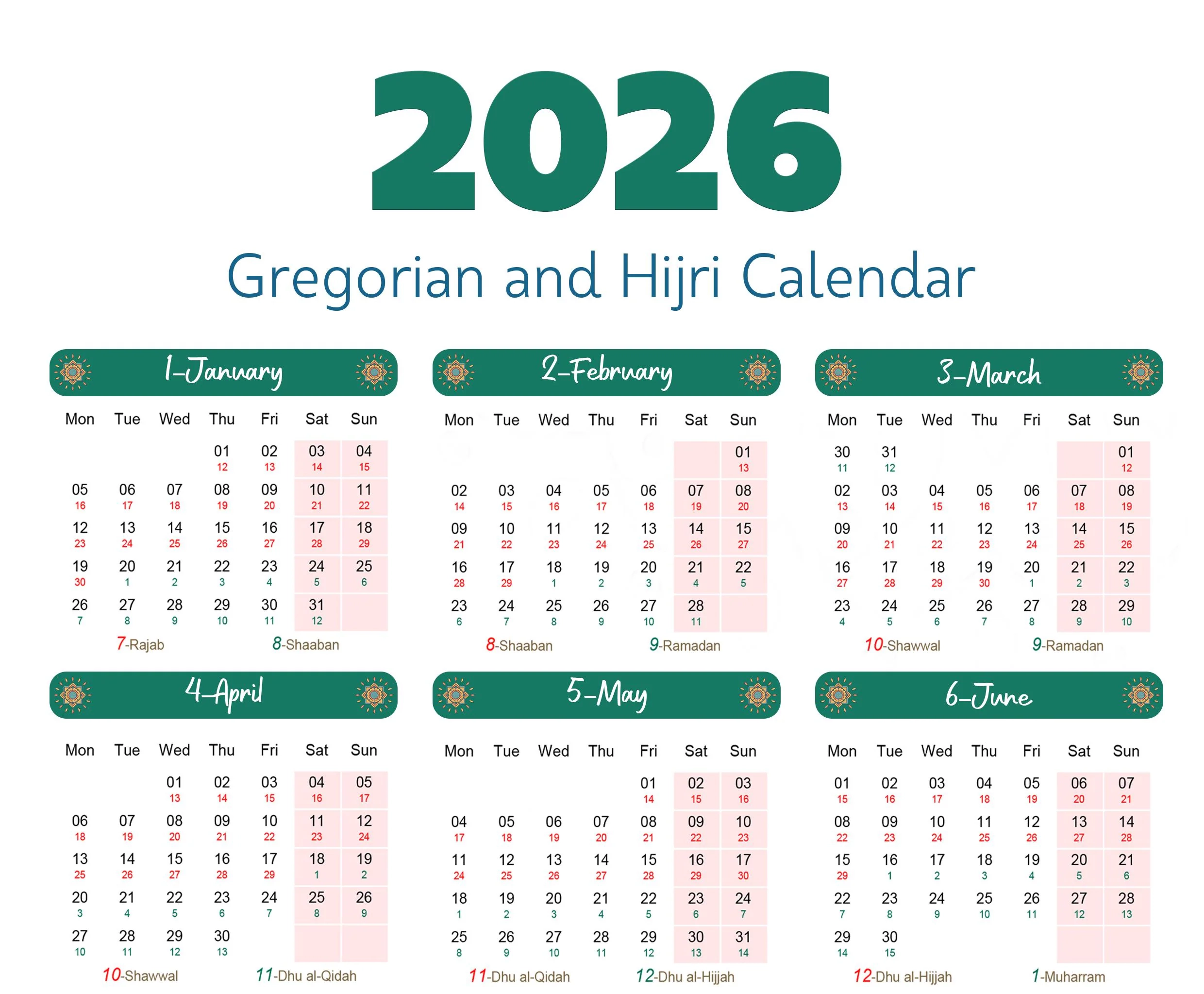 2026 Gregorian amp Hijri Calendar Printable Green Islamic Design 