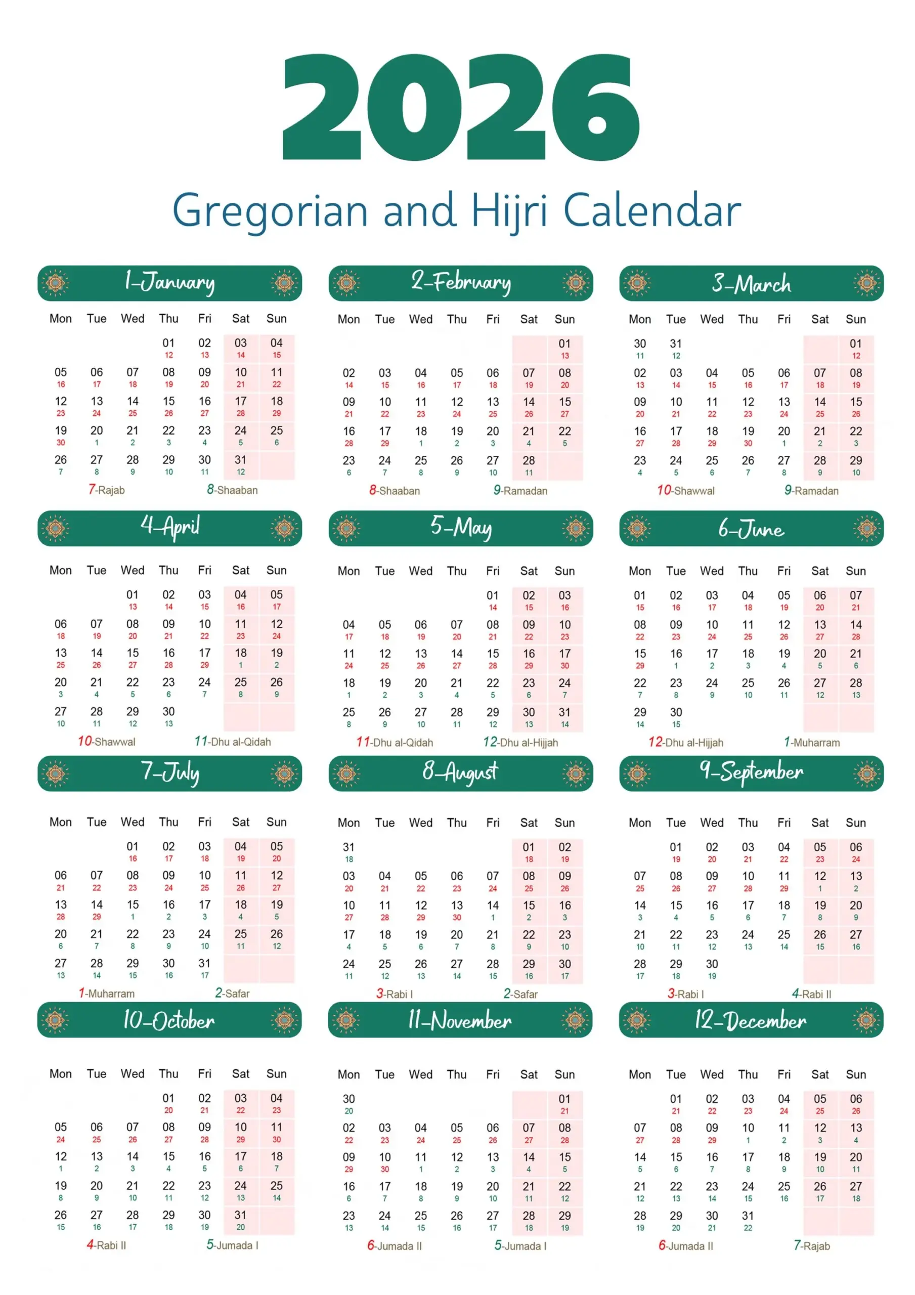 2026 Gregorian amp Hijri Calendar Printable Green Islamic Design 