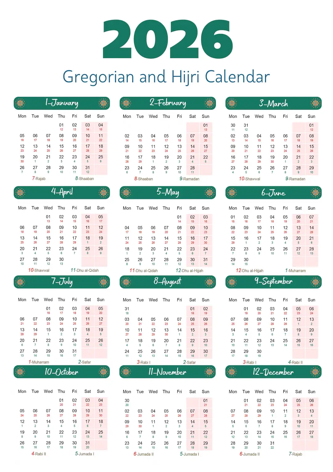 2026 Gregorian amp Hijri Calendar Printable Green Islamic Design 