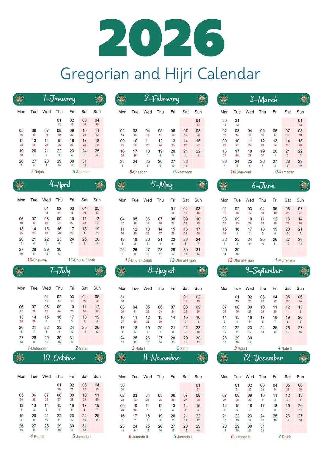 2026 Gregorian amp Hijri Calendar Printable Green Islamic Design Digital PDF Muslim Planner Etsy Sweden
