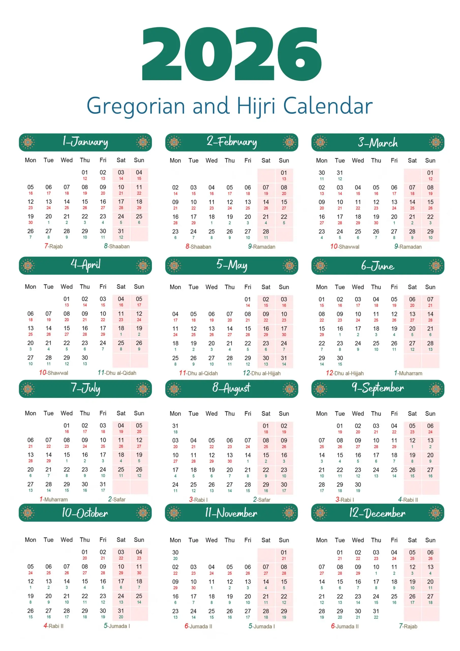 2026 Gregorianischen amp Hijri Kalender Zum Ausdrucken Islamisches 