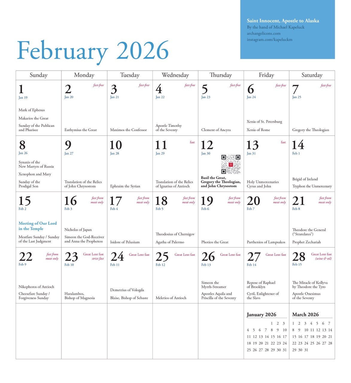 2026 Icon Calendar Saints Of North America Julian Version Old 