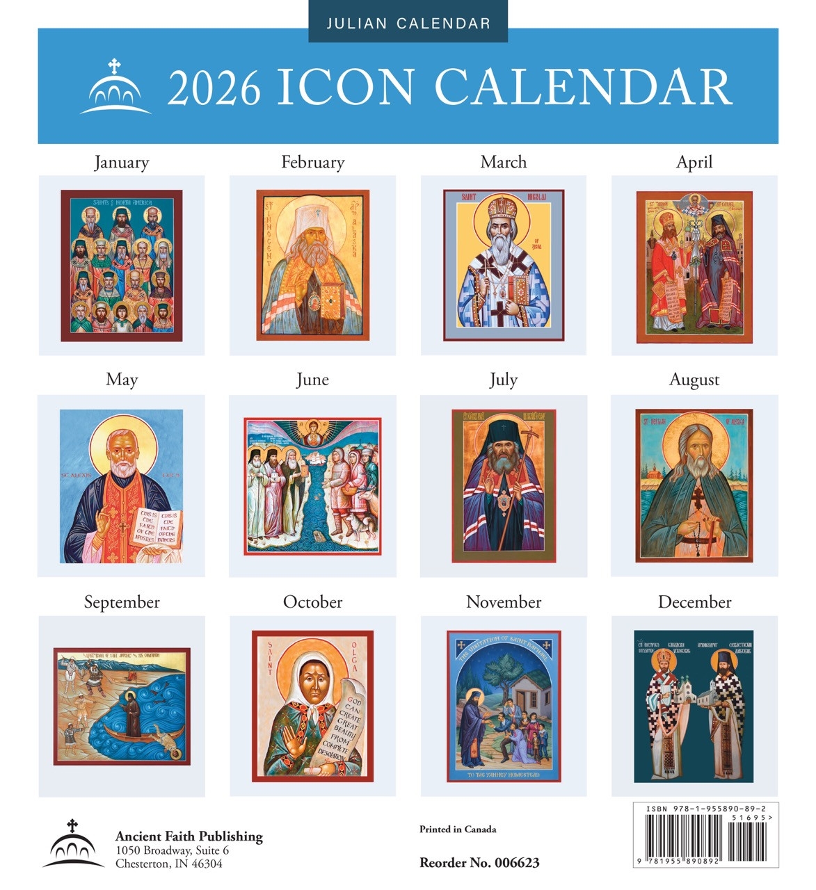 2026 Icon Calendar Saints Of North America Julian Version Old 