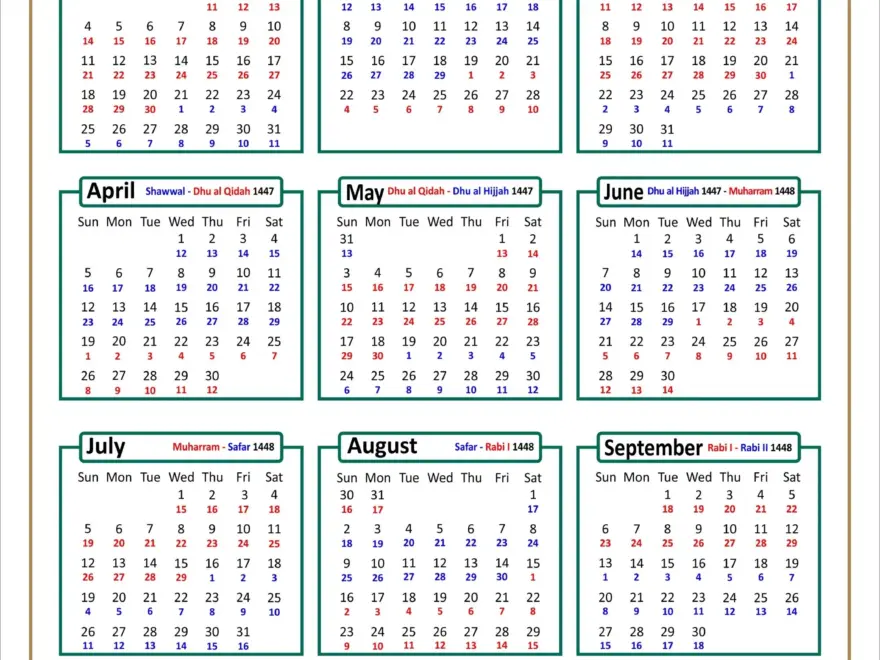 2026 Islamic Calendar With Colour Coded 1447 And 1448 AH Dates