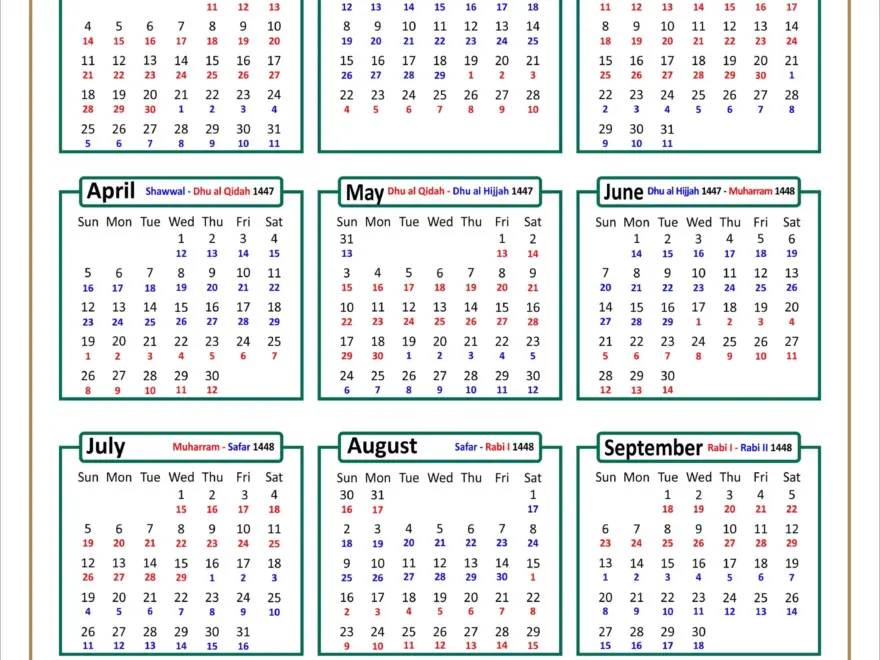 2026 Islamic Calendar With Colour Coded 1447 And 1448 AH Dates