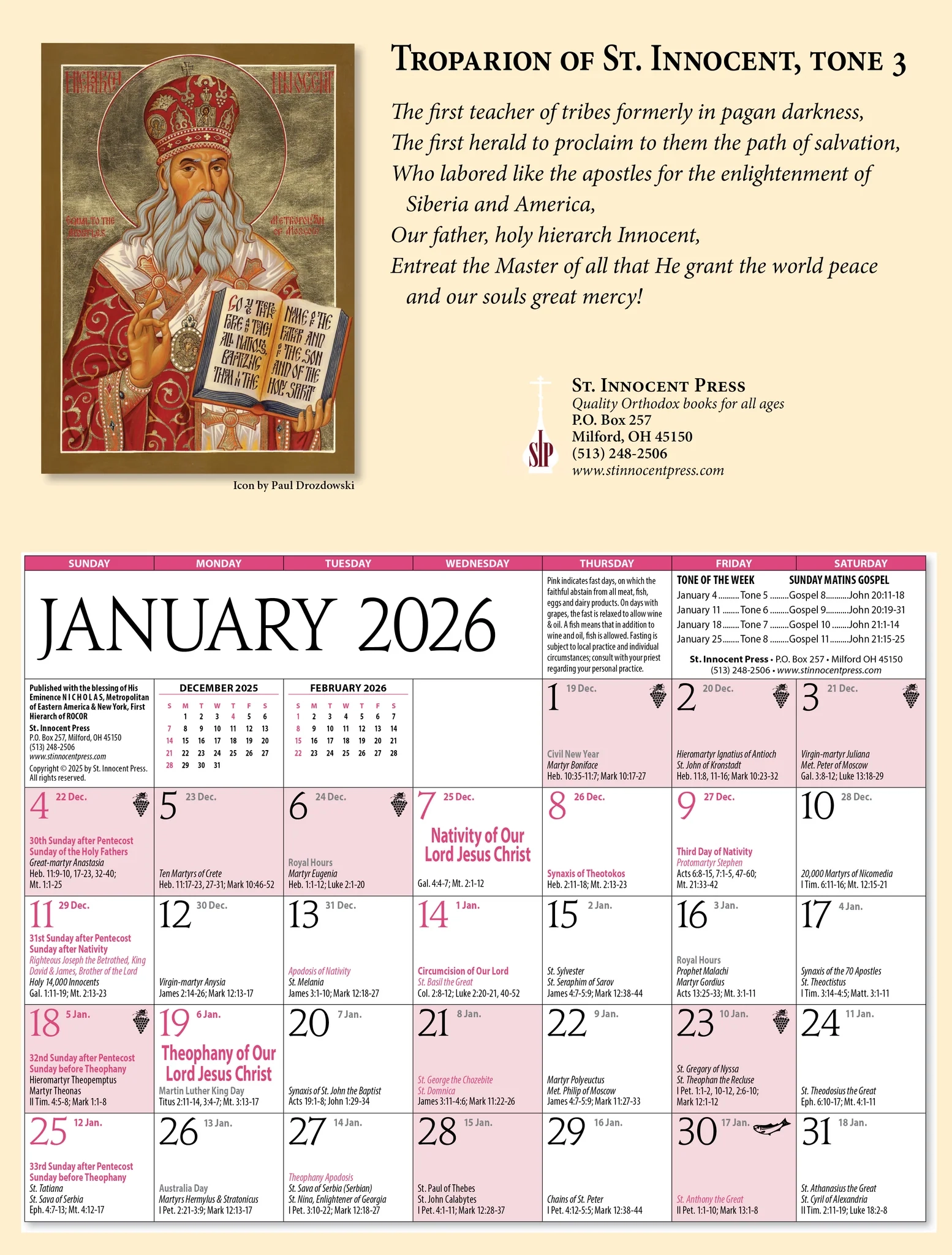 2026 Orthodox Wall Calendar St Innocent Press