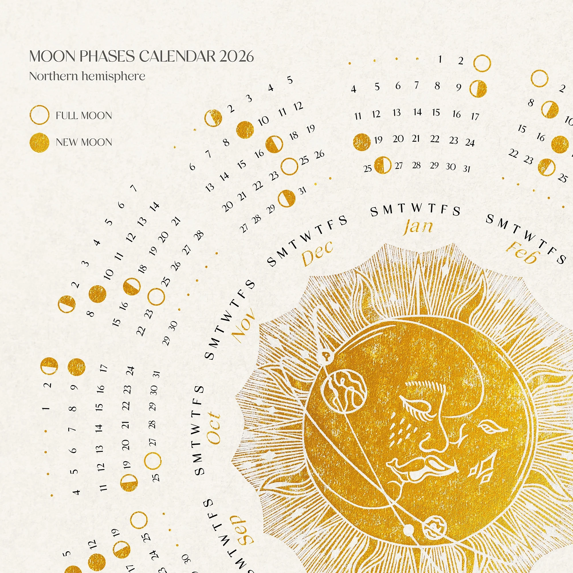 2026 Printable Lunar Yearly Calendar Poster Gold Kiss Of The Moon And Sun Desktop Ipad Wallpaper New Year Christmas Gift