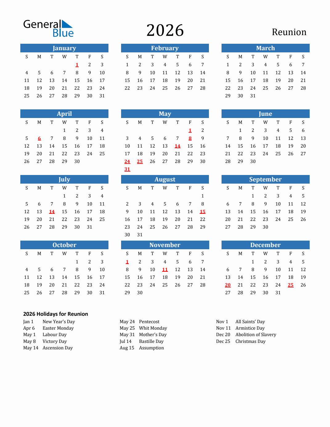 2026 Reunion Calendar With Holidays