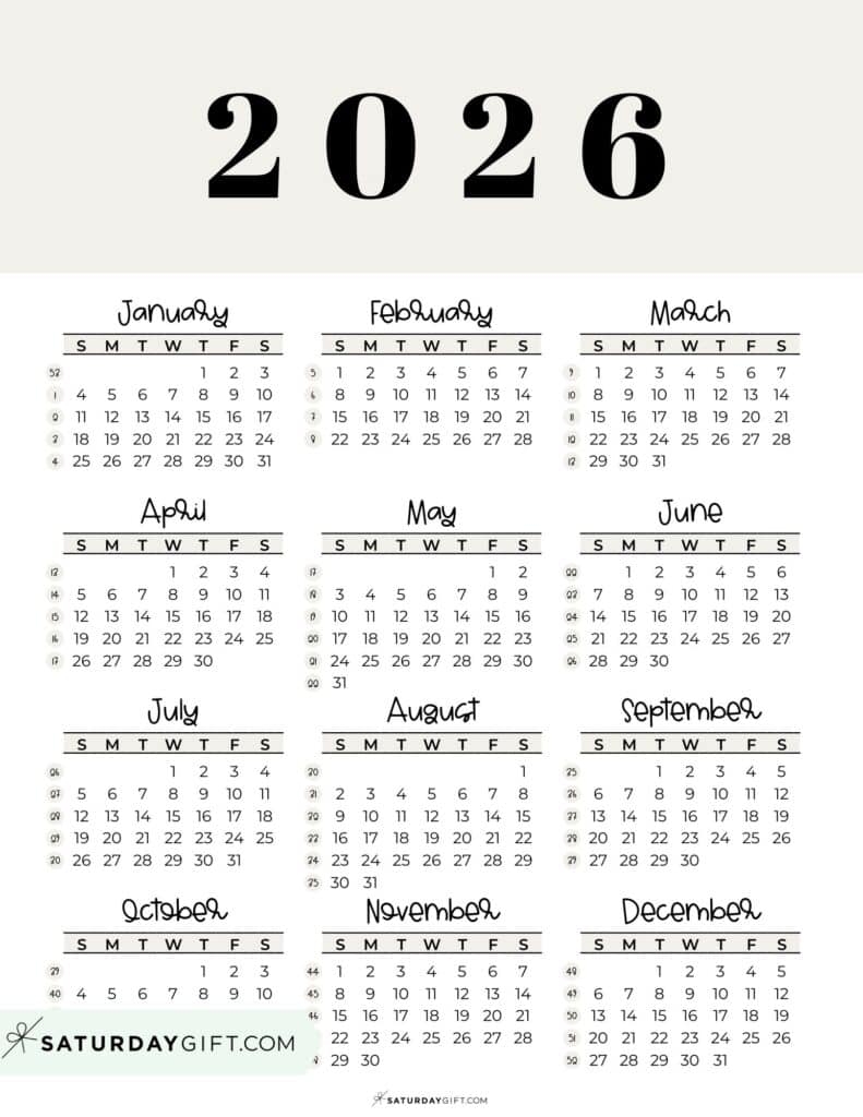 2026 Yearly Calendars 35 Free Printables