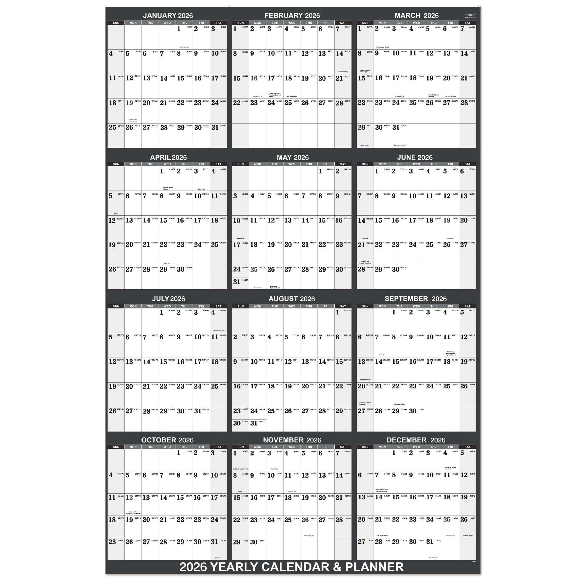 2026 Yearly Wall Calendar 2026 Wall Calendar With Julian Date 