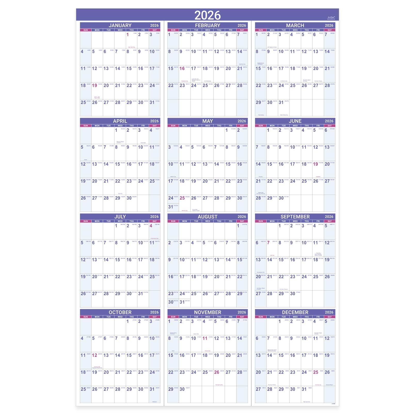 2026 Yearly Wall Calendar 2026 Wall Calendar With Julian Date 